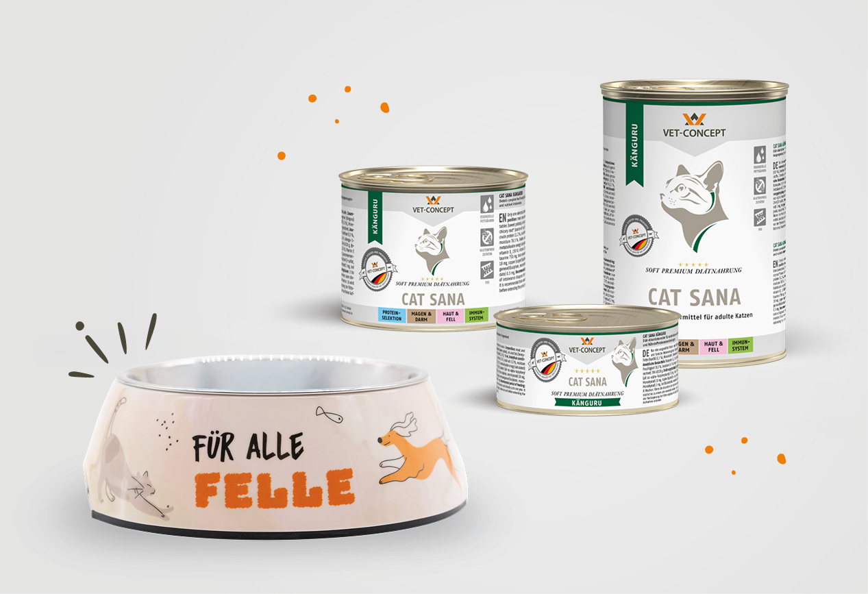 Vet-Concept K�nguru Nassfutter und Trockenfutter neben einem Napf