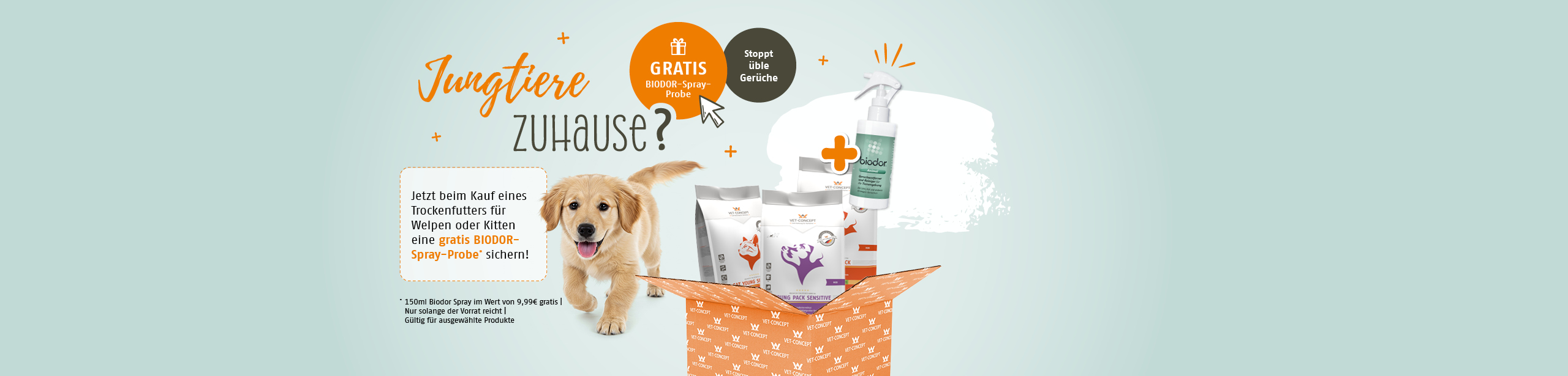 Jetzt beim Kauf eines Trockenfutters für Welpen oder Kitten eine gratis BIODOR-Spray-Probe sichern.