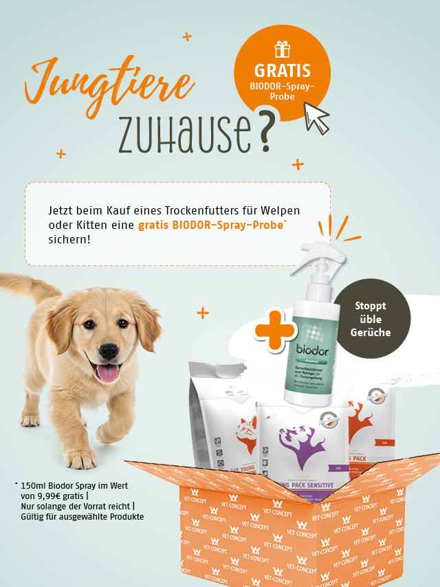 Jetzt beim Kauf eines Trockenfutters für Welpen oder Kitten eine gratis BIODOR-Spray-Probe sichern.