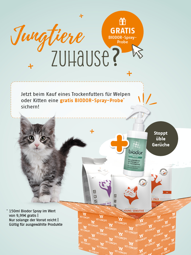 Jetzt beim Kauf eines Trockenfutters für Welpen oder Kitten eine gratis BIODOR-Spray-Probe sichern.