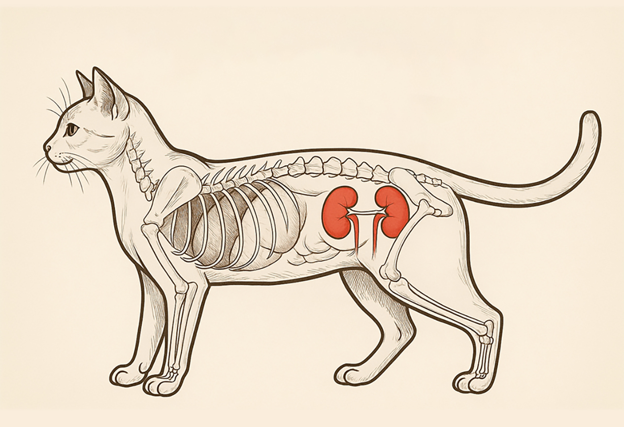 Schematische Darstellung der Katzenanatomie Schematische Darstellung der Katzenanatomie, die die Nieren und deren Lage im Körper hervorhebt.