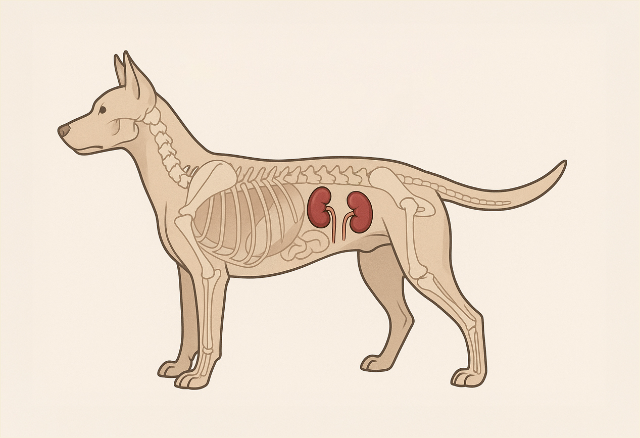 Schematische Darstellung der Hundeanatomie, die die Nieren und deren Lage im K�rper hervorhebt.