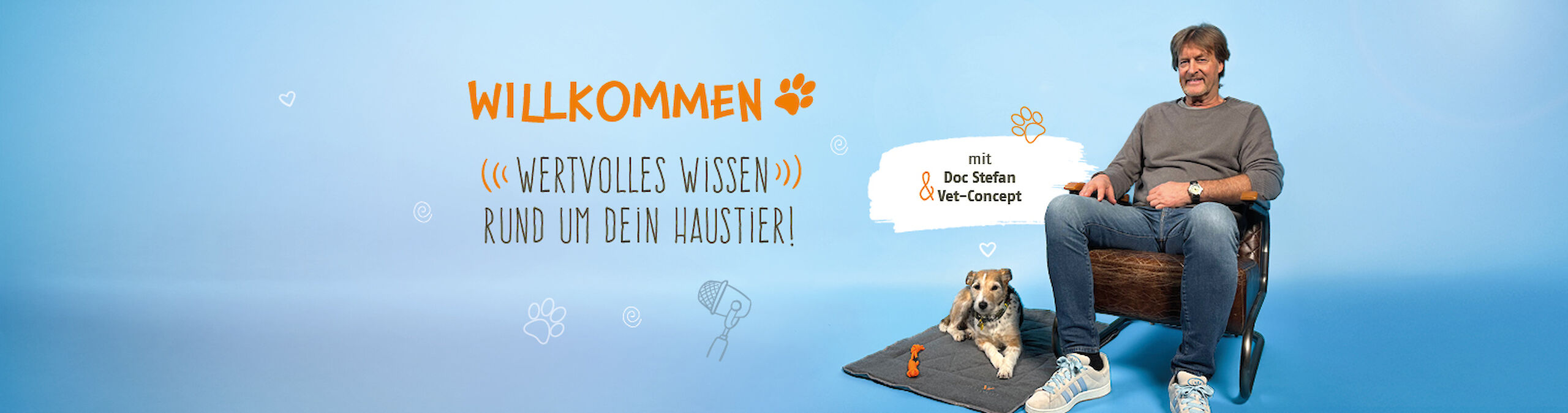 Willkommensbanner mit Doc Stefan von Vet-Concept und Hund – wertvolles Wissen rund um Haustiere