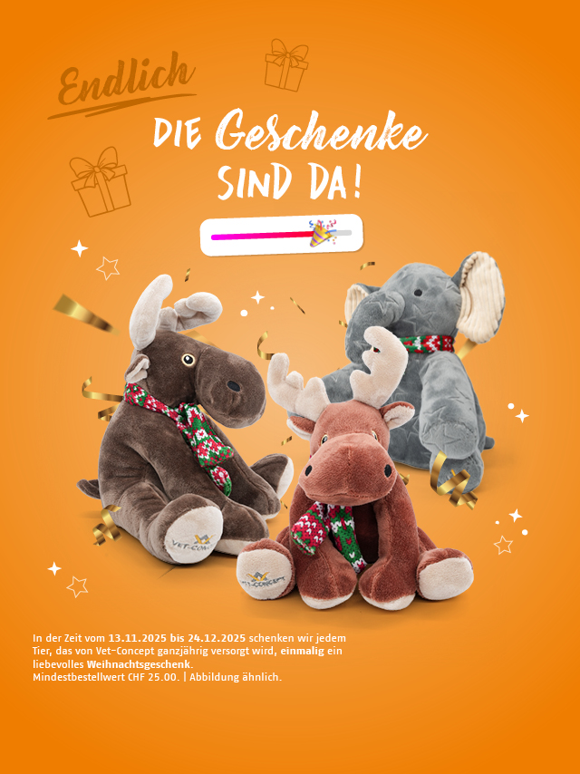 Endlich! Die Geschenke sind da. In der Zeit vom 13.11. - 24.12.2025 schenken wir jedemTier, das von Vet-Concept ganzjährig versorgt wird, einmalig ein liebevolles Weihnachtsgeschenk.