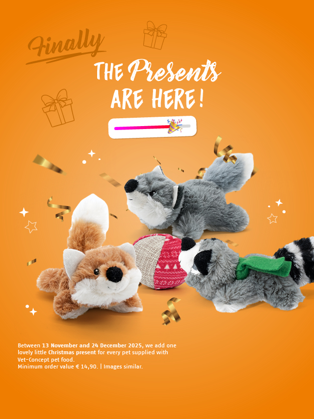 Endlich! Die Geschenke sind da. In der Zeit vom 13.11. - 24.12.2025 schenken wir jedemTier, das von Vet-Concept ganzjährig versorgt wird, einmalig ein liebevolles Weihnachtsgeschenk.
