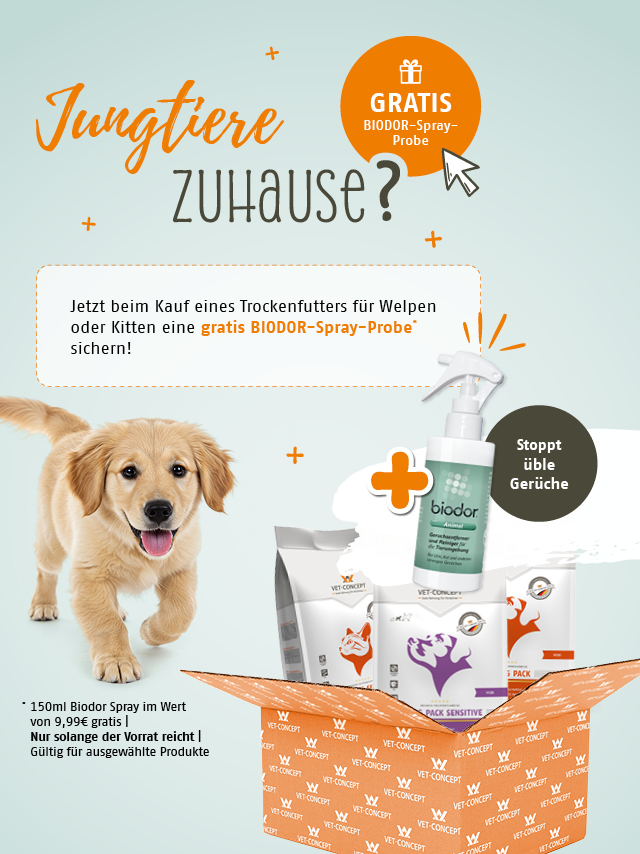 Jungtiere Zuhause? Jetzt beim Kauf eines Trockenfutters f�r Welpen oder Kitten eine gratis BIODOR-Spray-Probe sichern.