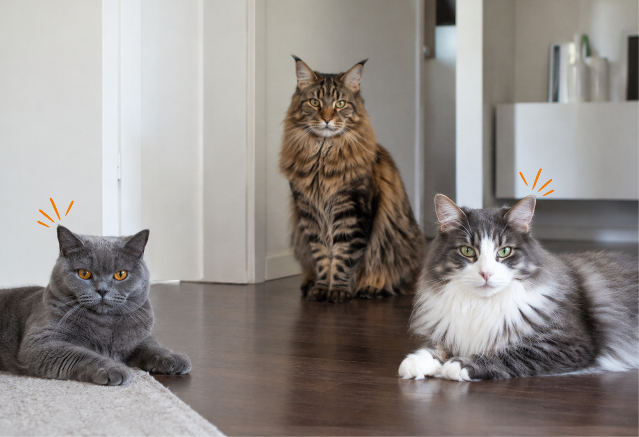 Mehrere Katzen verschiedener Rassen die zu &Uuml;bergewicht neigen nebeneinander