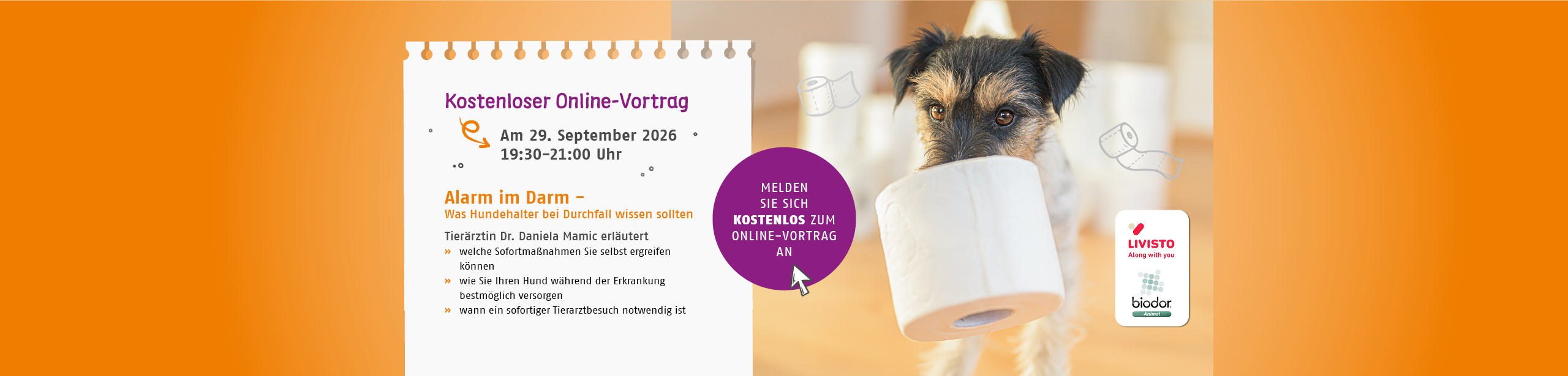 Kostenloser Online-Vortrag am 29.09.2026 von 19:30 bis 21:00 Uhr zum Thema Alarm im Darm - Was Hundehalter bei Durchfall wissen sollten.