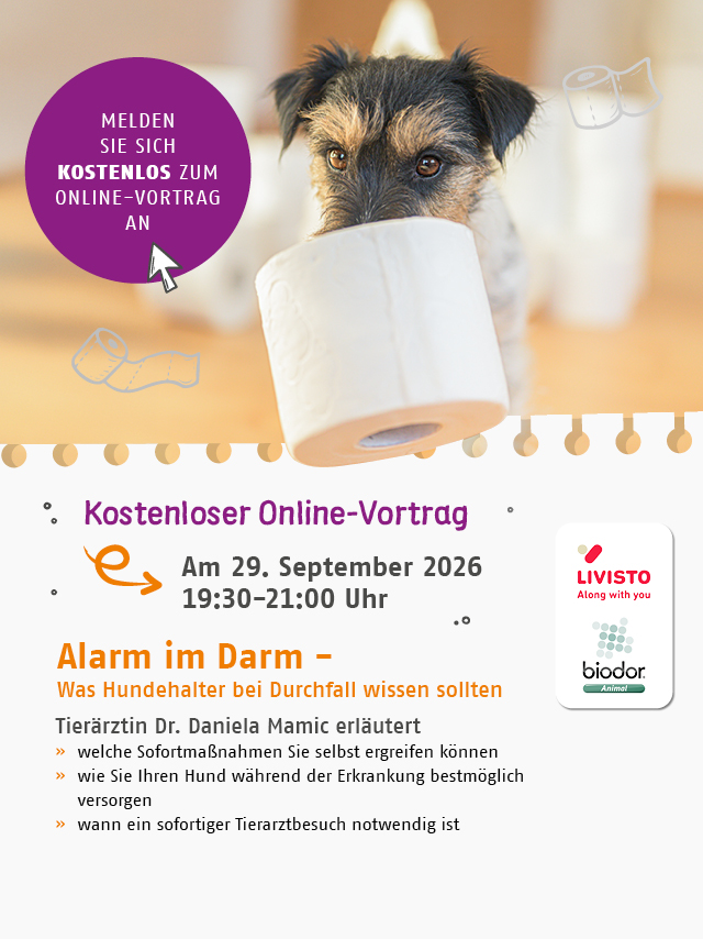 Kostenloser Online-Vortrag am 29.09.2026 von 19:30 bis 21:00 Uhr zum Thema Alarm im Darm - Was Hundehalter bei Durchfall wissen sollten.