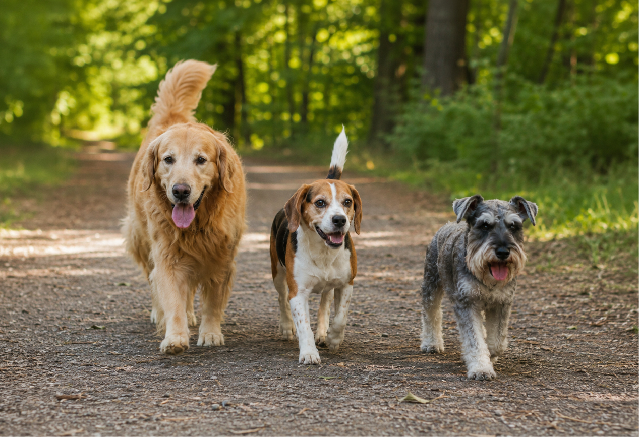 Hunde verschiedener Rassen beim Spaziergang