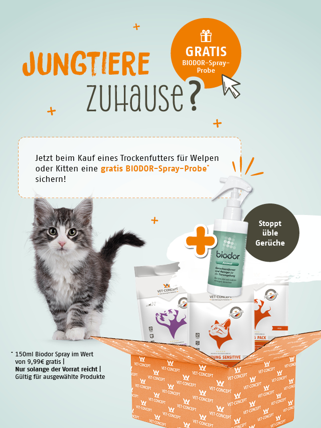 Gratis Biodor-Spray-Probe beim Kauf eines Trockenfutters f&uuml;r Welpen oder Kitten